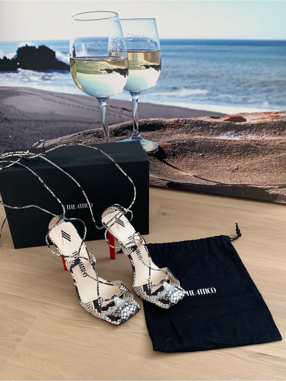 The Attico Black & White Snake-Print Ankle-Tie Sandals with Red Heel